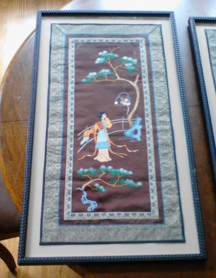 VINTAGE SILK  EMBROIDERY FRAMED ASIAN ART