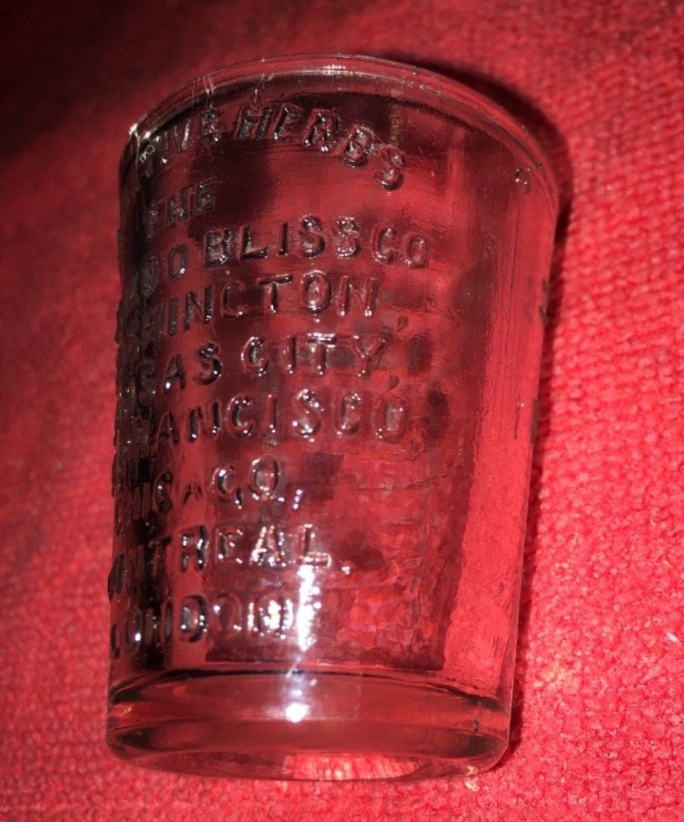 OUR NATIVE HERBS THE ALONZO O BLISS CO WASHINGTON PHARMACY SHOT MEASURE GLASS