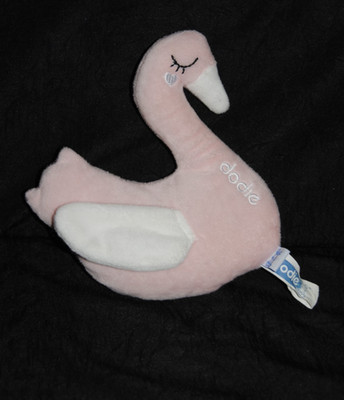 🍀Doudou Semi Plat Cygne DODIE Rose Blanc Visage Brodé Noir Peluche TTBE