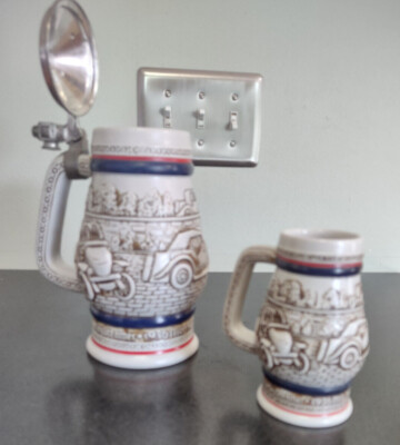 Avon 1979 Beer Stein with 1910 Stanley Steamer, 1911 Ford Model-T, 1927 Bugatti 