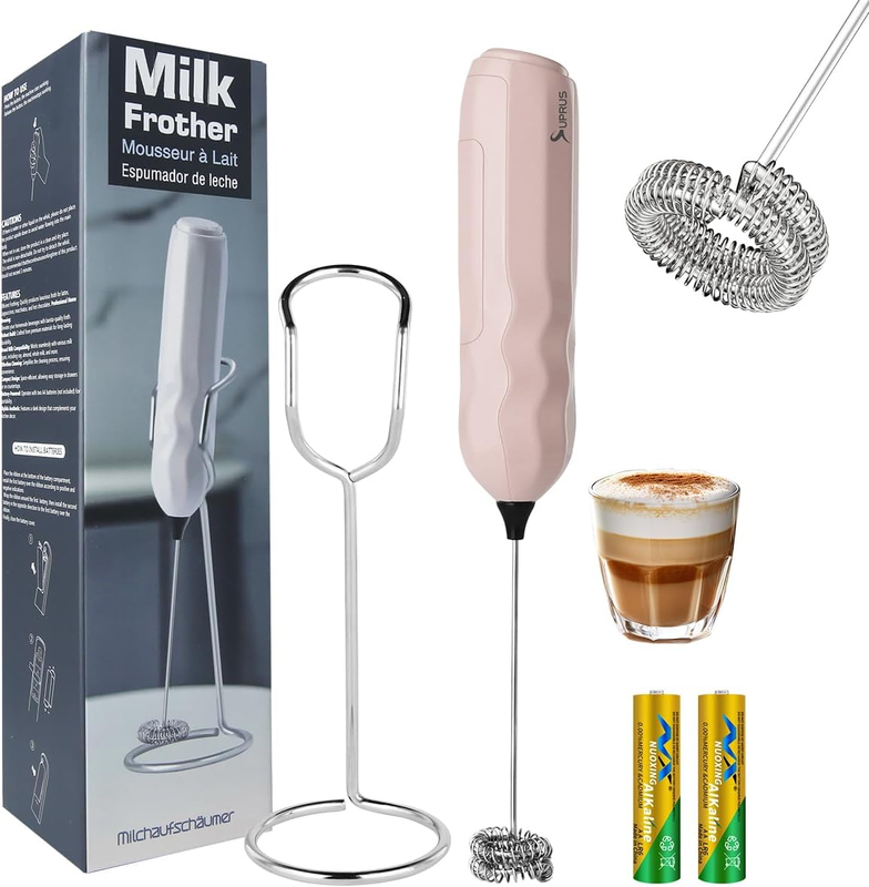 SUPRUS Ultra Fast Handheld Milk Frother Double Whisk with Stand 2 Batteries Stai