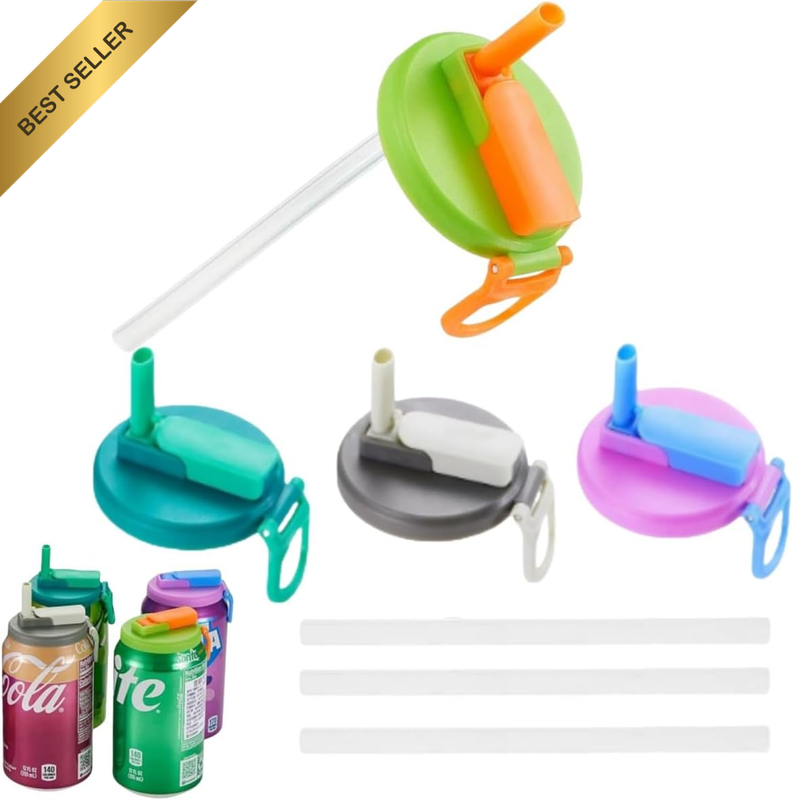 4 PCS Soda Can Lids with Straw, 4 Color Spill Proof Pop Lids Caps Outdoor,Can To