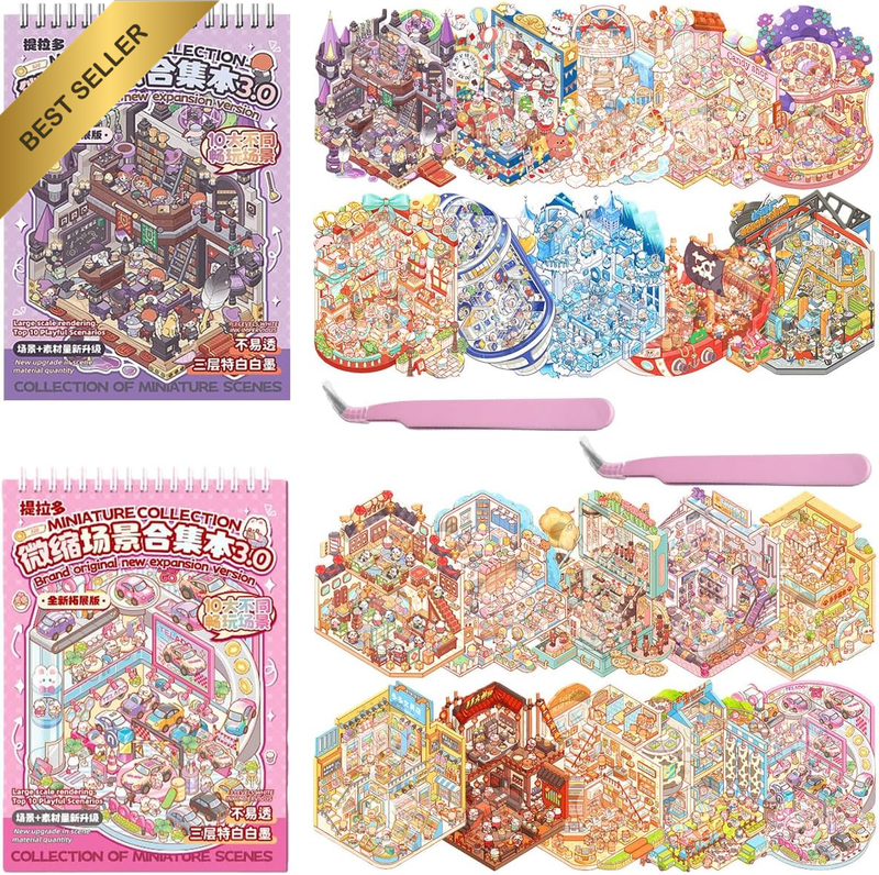 DIY 3D Sticker 2 Books,3D Stickers Scenes with 2 Tweezers Make Your Own Collecti