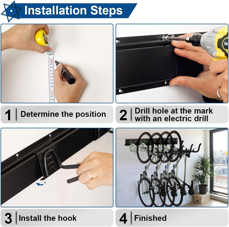 Bike Storage Rack Garage Wall Mount Hanger for 4 Bicycles + 3 Helmets, Heavy Dut