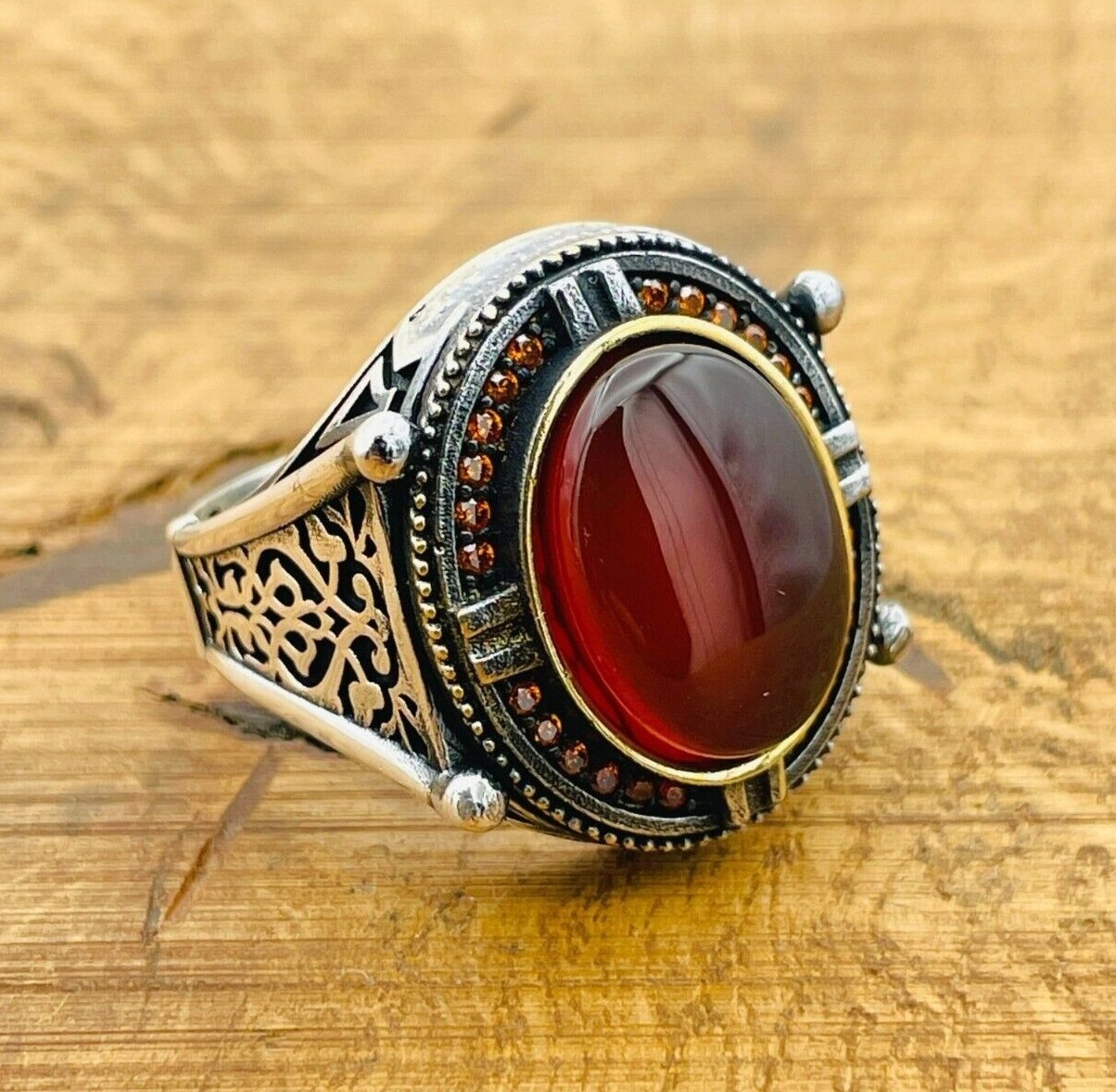 Men Sterling Silver Ring, Red Agate Stone Ring, 925K Mens