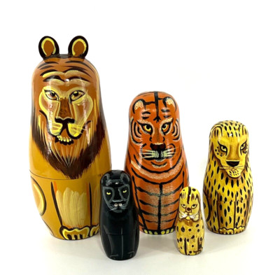 Wooden Painted Cats Lion Tiger Leopard Panther Nesting Dolls Figurine Set of 5