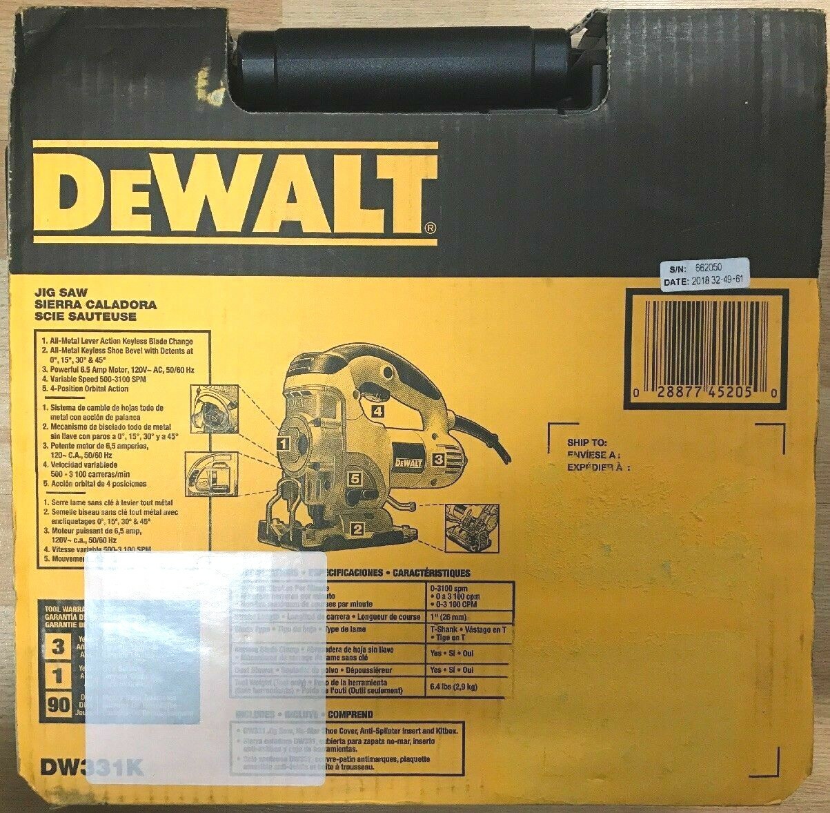 NEW DeWALT 6.5 AMP JIGSAW DW331K KIT SEALED IN RETAIL BOX - QIK SHIP