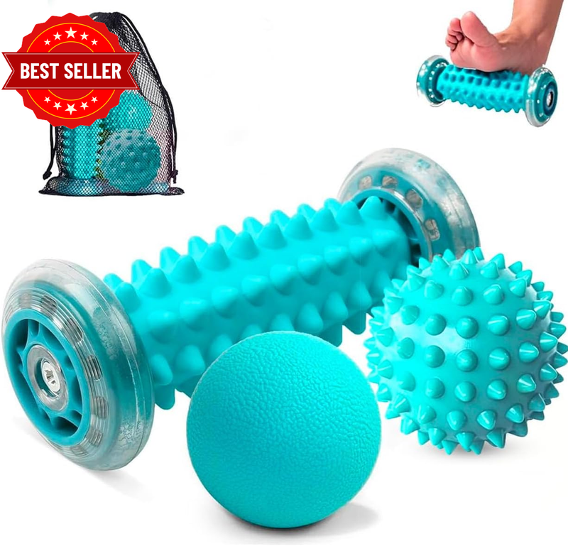 Foot Massage Roller Set with 2 Massage Balls, Turquoise, Deep Tissue Muscle Reli