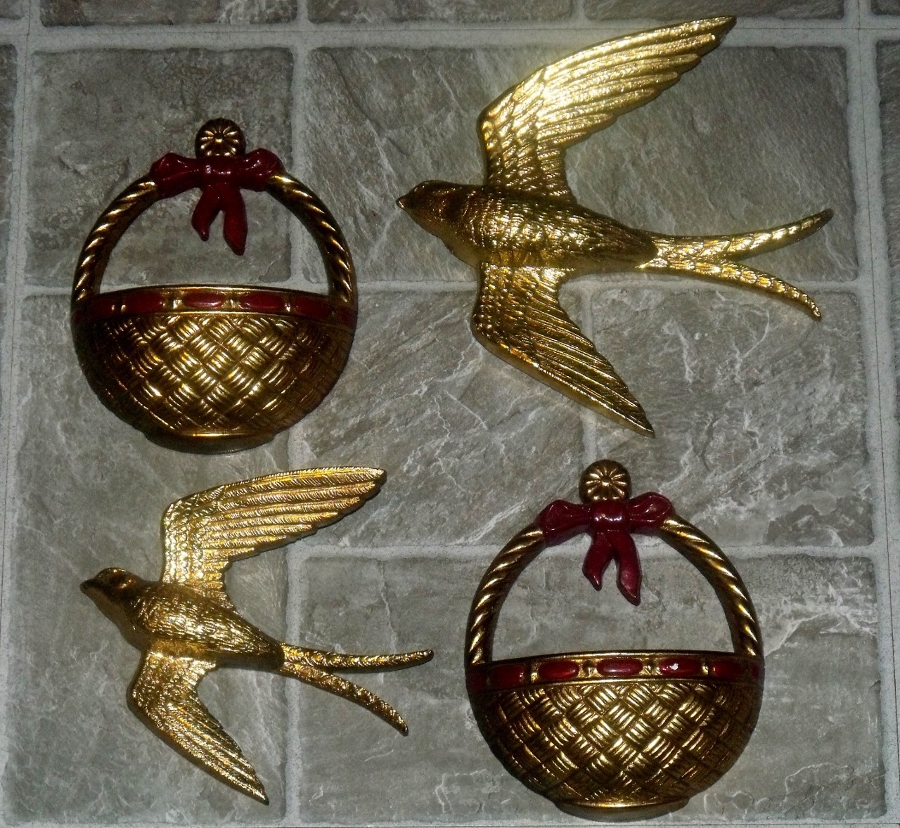 VTG HOMCO BURWOOD GOLD BIRDS IN FLIGHT BASKET WALL HANGING POCKET DECOR SET LOT