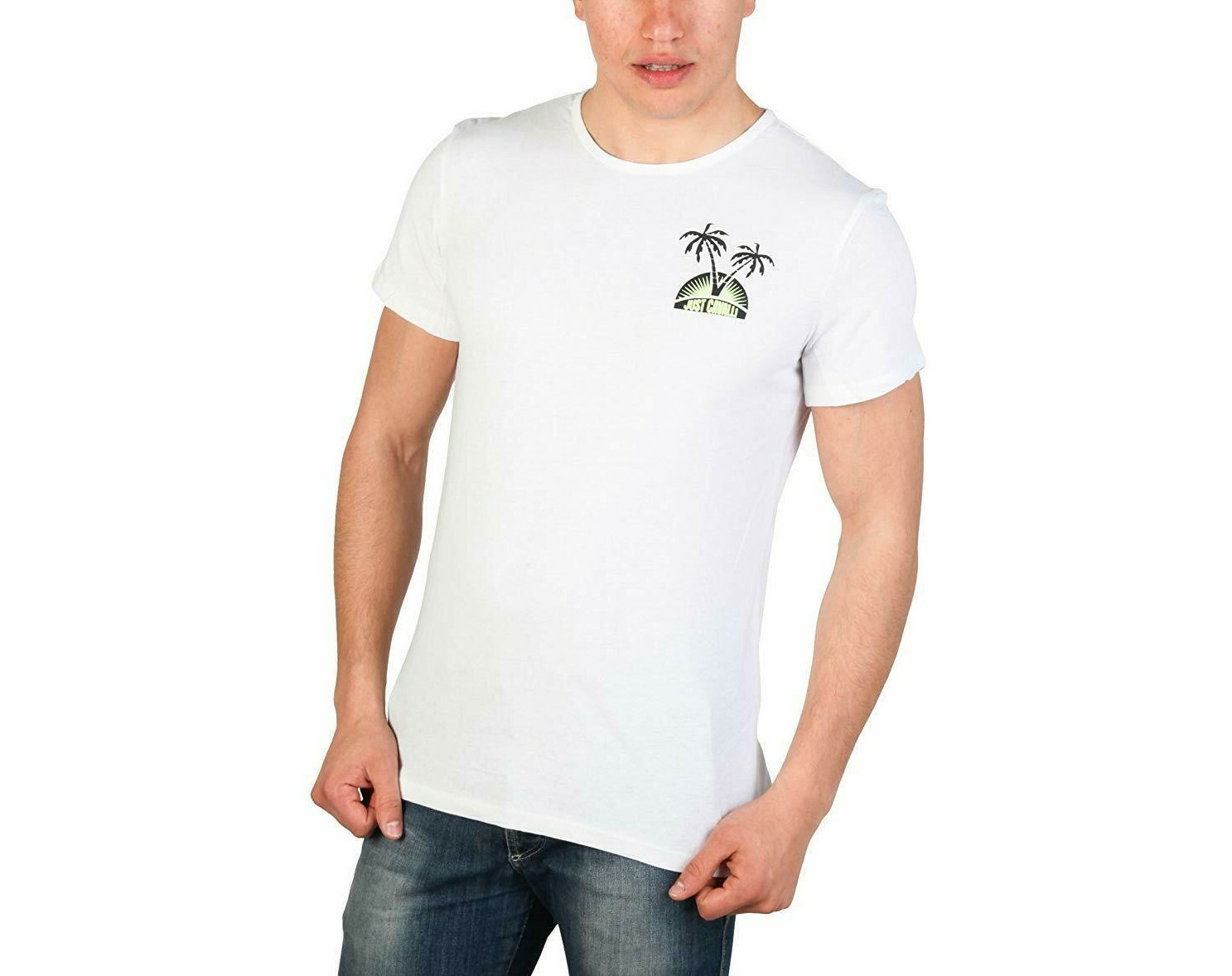 Tシャツ・カットソー JUST CAVALLI Men T-shirt White 78OAHT16CJ500 003 JUST CAVALLI Men's White Short Sleeve T-Shirt with Vibrant
