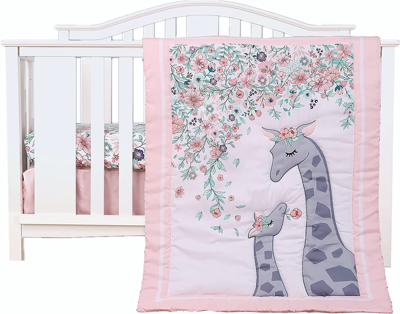 Pink Floral Crib Bedding Set 3Piece Soft Baby Girl Nursery Bedding Grey Giraffe