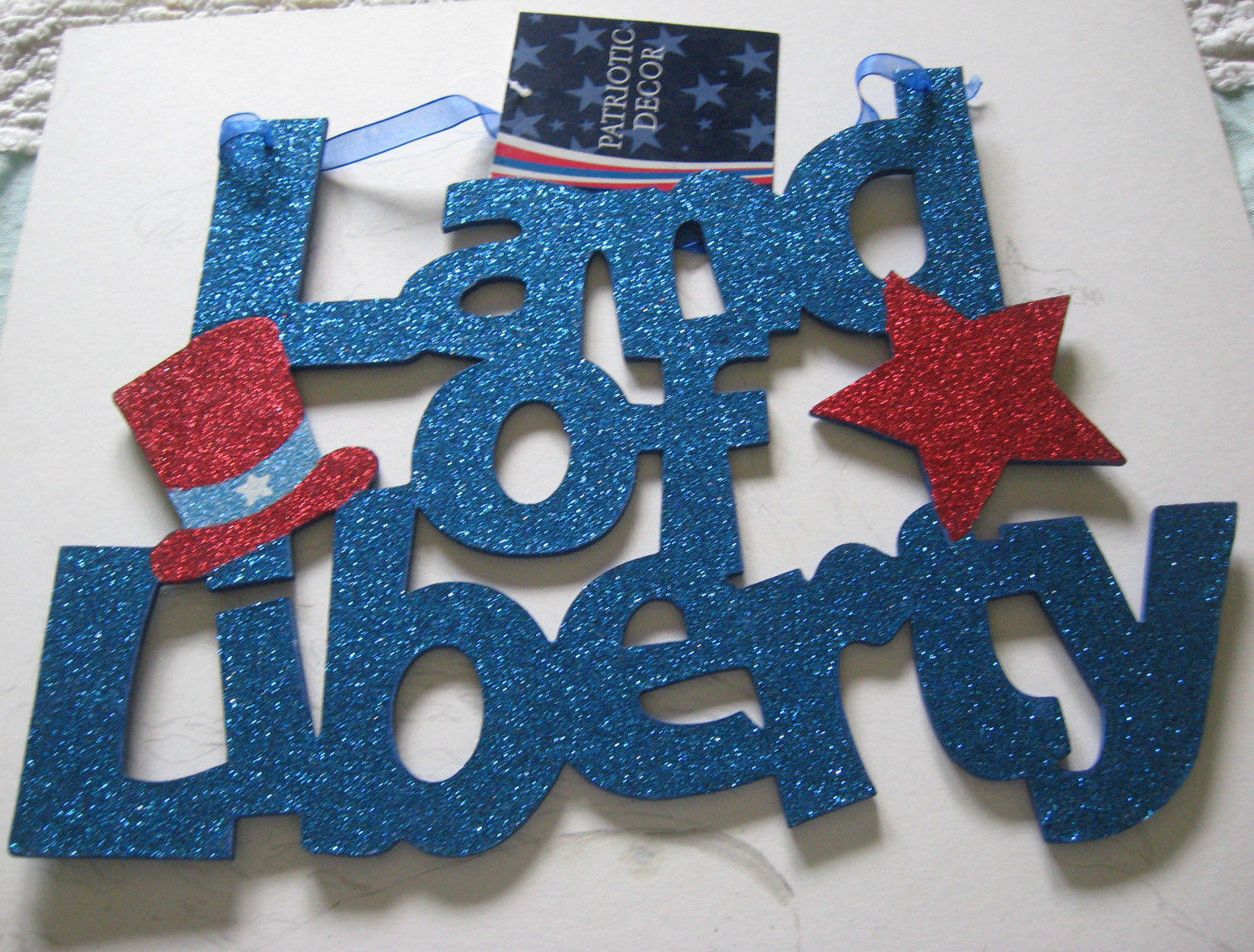 PATRIOTIC Glittered LAND OF LIBERTY 10 X 14 RED BLUE RIBBON HANGING DECORATION