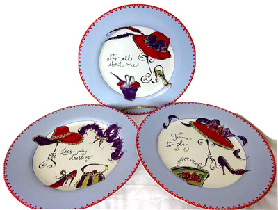 THE RED HAT WAY Set of 4 (2 alike) Ceramic ROSANNA Salad/Dessert Plates w/ Box