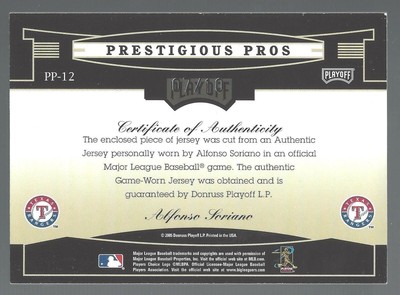 Alfonso Soriano 2005 Playoff Prestige Prest Pros Mat Jsy Gold 7/10 Card# PP-12