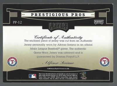 Alfonso Soriano 2005 Playoff Prestige Prest Pros Mat Jsy Gold 7/10 Card# PP-12