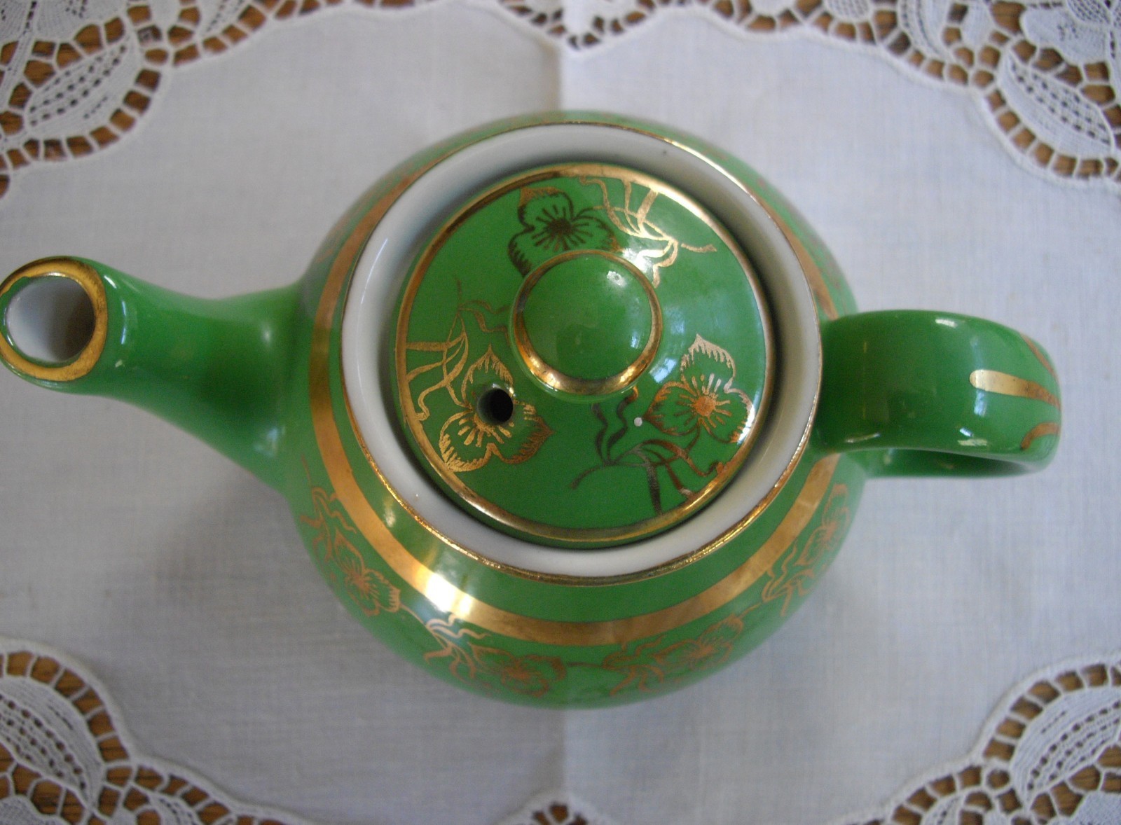 Vintage HALL Green & Gold 2-Cup Tea Pot w/Lid ~