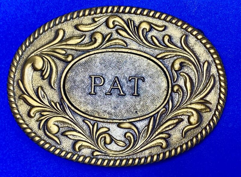 PAT - vintage 1977 name ornate flower outlined western belt buckle by Kinney CO