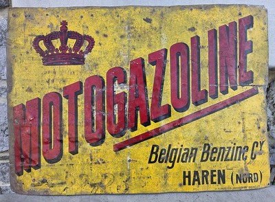 MOTOGAZOLINE Belgian Benzine Cy HAREN Ancienne plaque publicitaire Tole Peinte