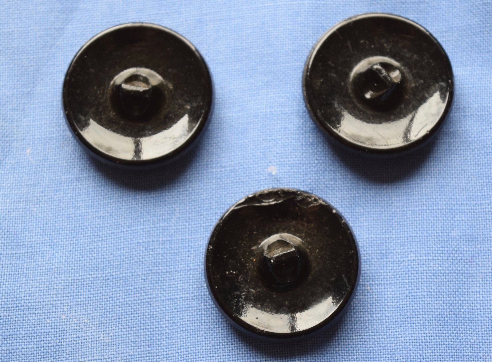 3 Vintage black glass with Gold luster buttons, pattern of gold scales