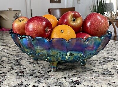 Vintage 70's Carnival Glass Iridescent Blue Harvest Grape Oval Fruit Bowl Footed