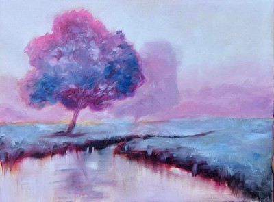 Oil original Zenscape painting on canvas size 16x12 inches Misty morning