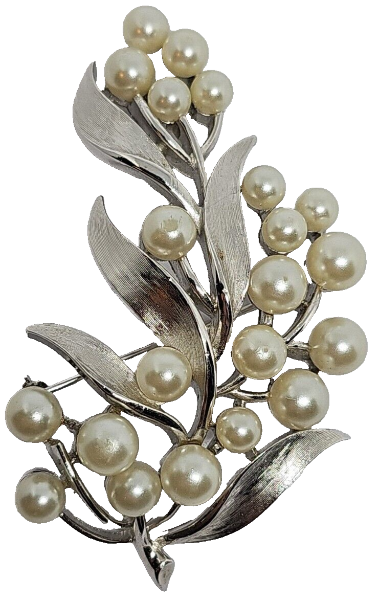 VTG Crown Trifari Spray Brooch Pin Silver Tone Faux Pearl Leaf Signed MCM Retro