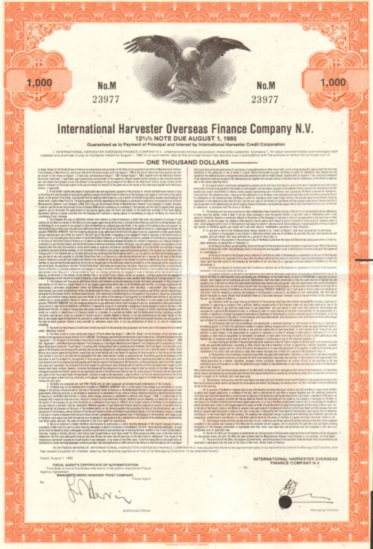 International Harvester Overseas Finance Company > 1980 $1000 bond certificate