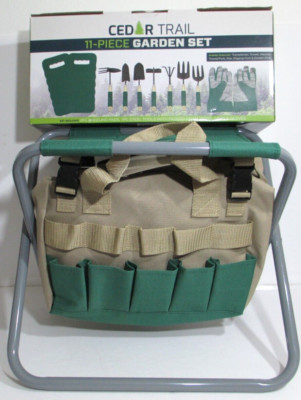 Cedar Trail Folding Garden Stool with Tool Bag AND 11 Piece Tool Set NEW