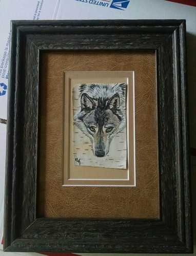 Wolf Birch Bark Painting Cabin Decor Log Home