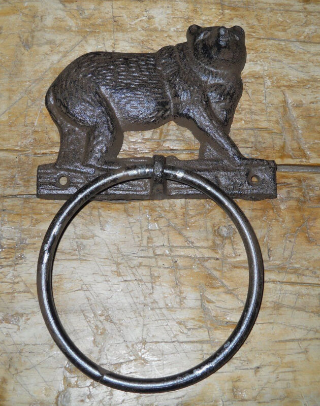 Cast Iron Antique Style Rustic BLACK BEAR Door Knocker Hunting Camp TOWEL RING 