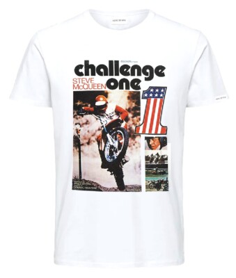 Steve Mc Queen T shirt moto cross Hero Seven homme Challenge One white blanc