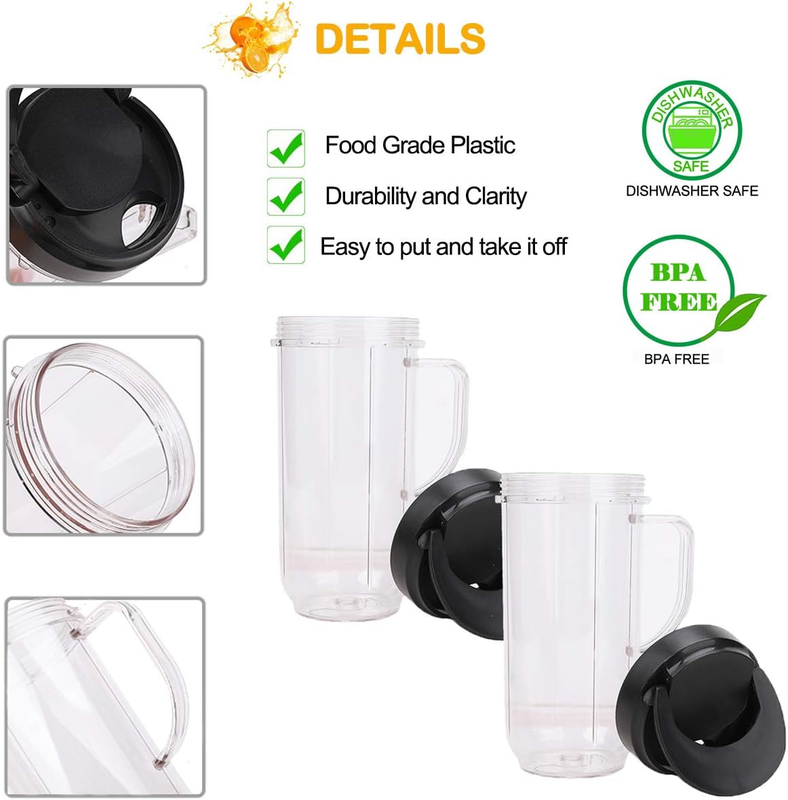 2-Pack 22Oz Tall Blender Cups W/ Flip Top Lid - Compatible with 250W MB1001 Magi