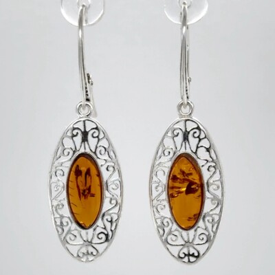 Cognac / Brown BALTIC AMBER Oval Leverback Earrings 925 STERLING SILVER #1586e