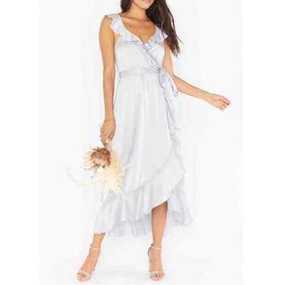 show me your mumu women samantha ruffle wrap dress silver luxe satin small