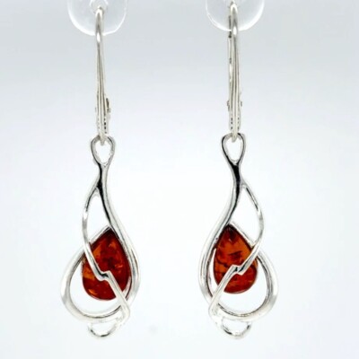Cognac / Brown BALTIC AMBER Dangle Earrings 925 Sterling Silver Leverback #1602e