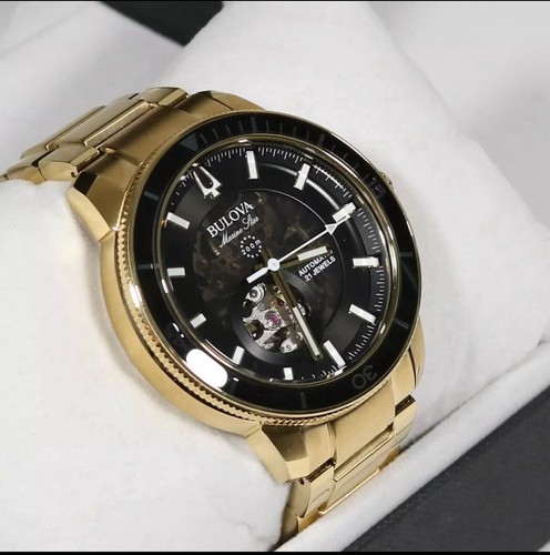 Pre-owned Bulova Brand  Marine Star Automatic Gold Tone Black Dial Men's Watch 97a174
