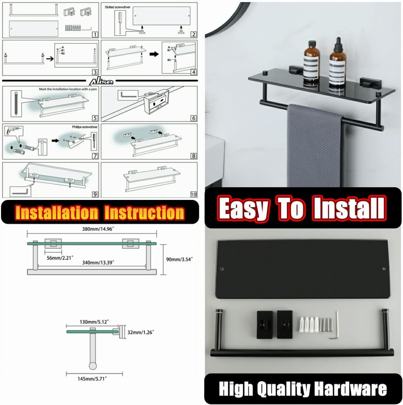 Bathroom Shelves Glass Shelf with Bar,Wall Mount Floating Shelves for Bathroom,1