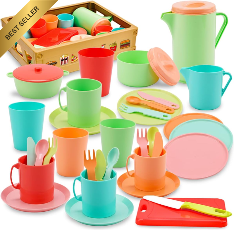 Kids Kitchen Playset, 38PCS Pretend Cooking & Tea Set with Plates, Cups, Teapot,