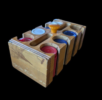 Vintage Wood Poker Chip And Card Caddy Bakelite Handle W/Poker Chips