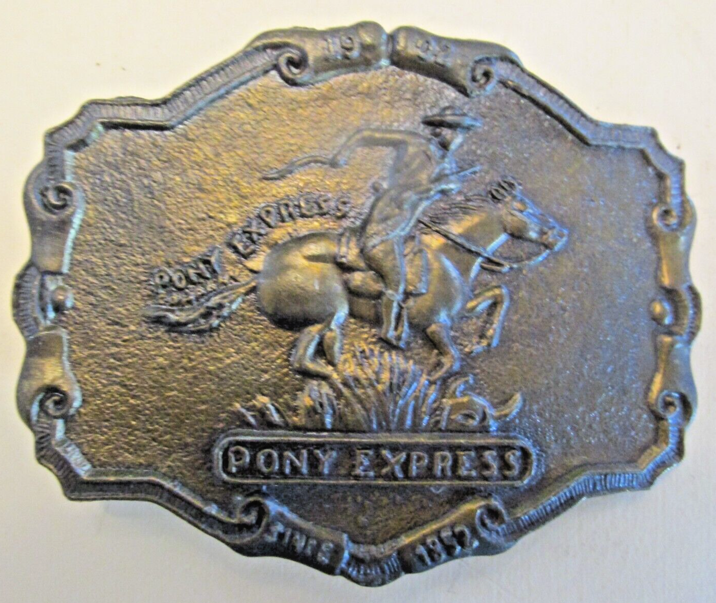 VTG 1902 Since 1852 Pony Express Belt Buckle Embossed P/C