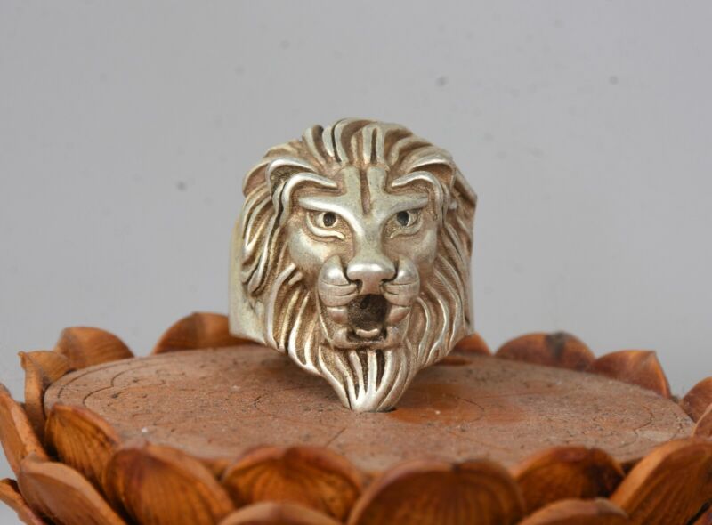 3.3cm Old Chinese Miao Silver Lion Leo Head Beast Jewellery Hand Ring 