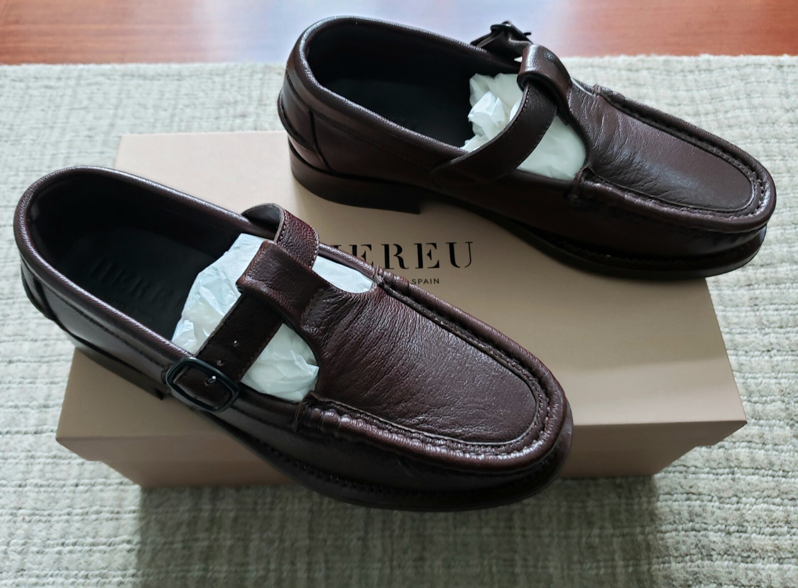 $540 HEREU Alber T-Bar Loafer Slip On Flat Shoes Mahogany