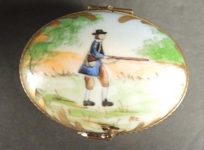Vintage Limoges France Rochard Oval Trinket Box - Hand Painted Hunting Scene
