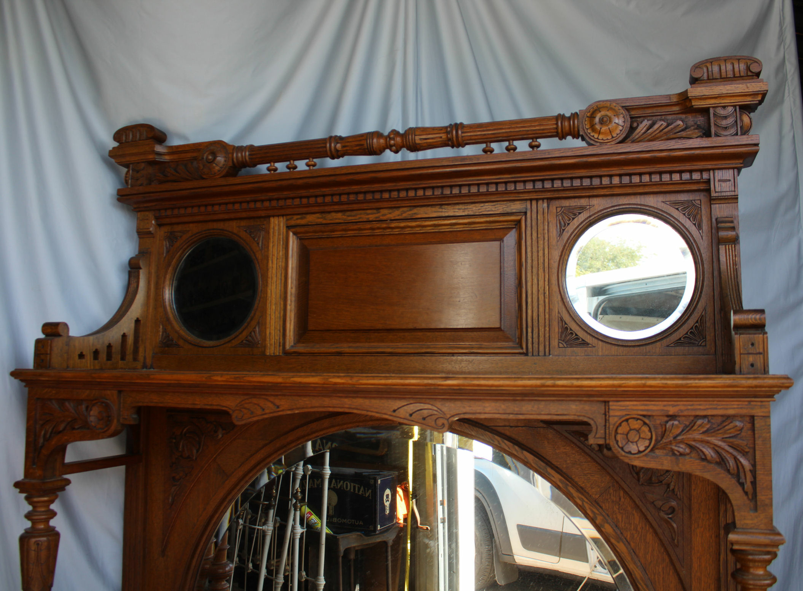 Antique Oak Sideboard Buffet – Hidden iron strong box in drawer