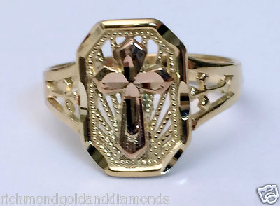 Pre-owned Fashion Ring 14k Rose & Yellow Gold Cross Ring Band Right Hand Promise  In Pink