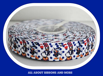 7/8 INCH DONALD DUCK  AND DAISY ON WHITE POLKA DOT GROSGRAIN RIBBON- 1 YARD