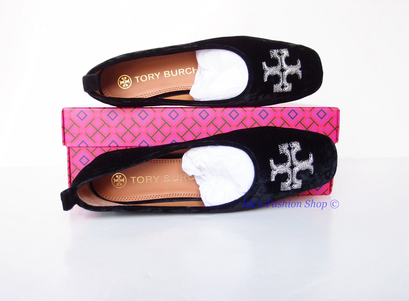 Pre-owned Tory Burch Eleanor Pave Crystal Logo Velvet Ballet Flat Black 7 7.5 8 8.5 9