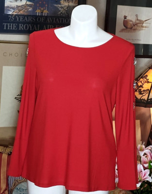 NWOT INC Sz Large XL Ruby Red Open Bell Sleeve Large Rhinestone Detail Holiday