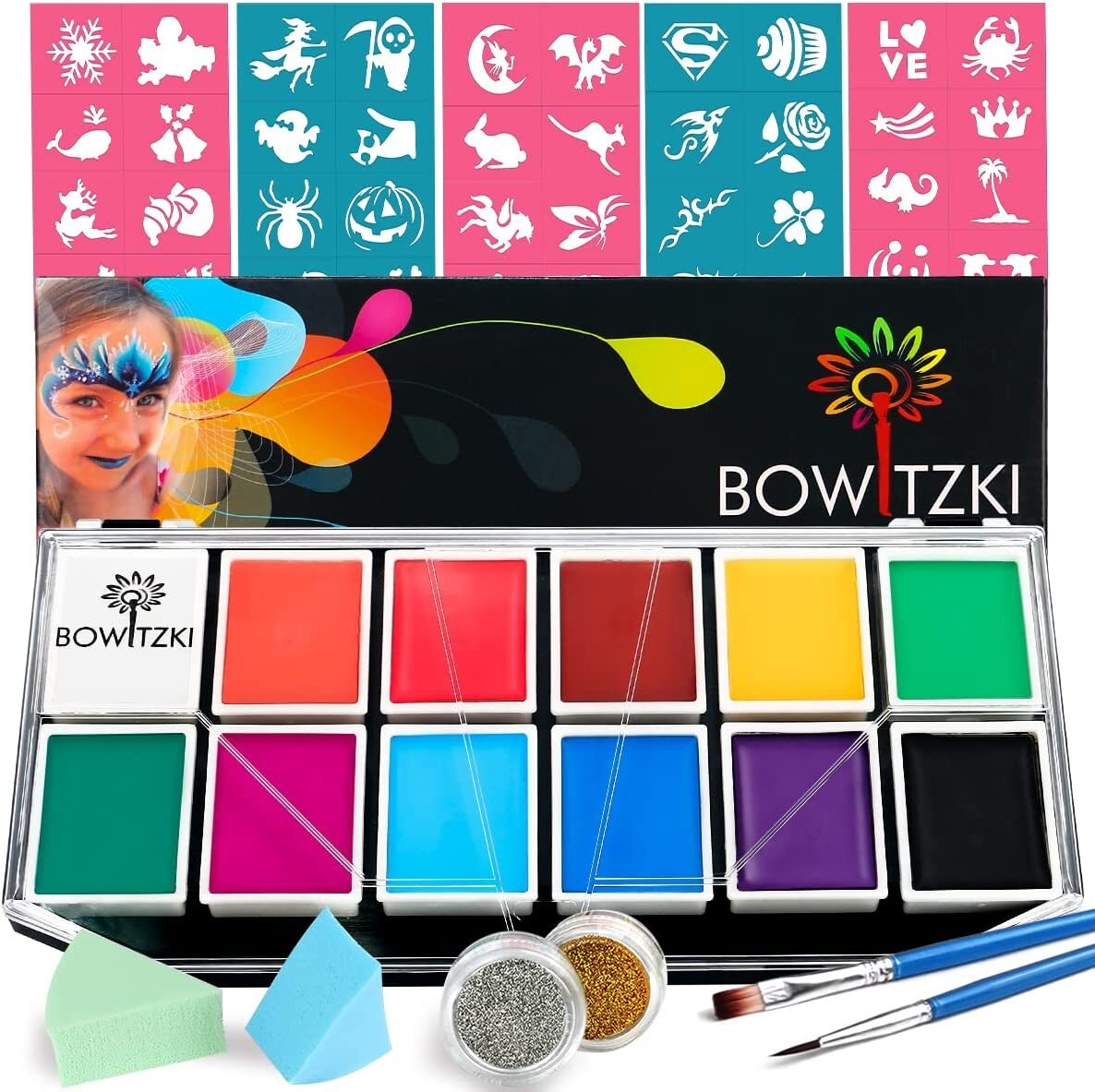Bowitzki 6 Pack Face Paint Kit Bundle Kit Professional Face Paint Brushes Sponge