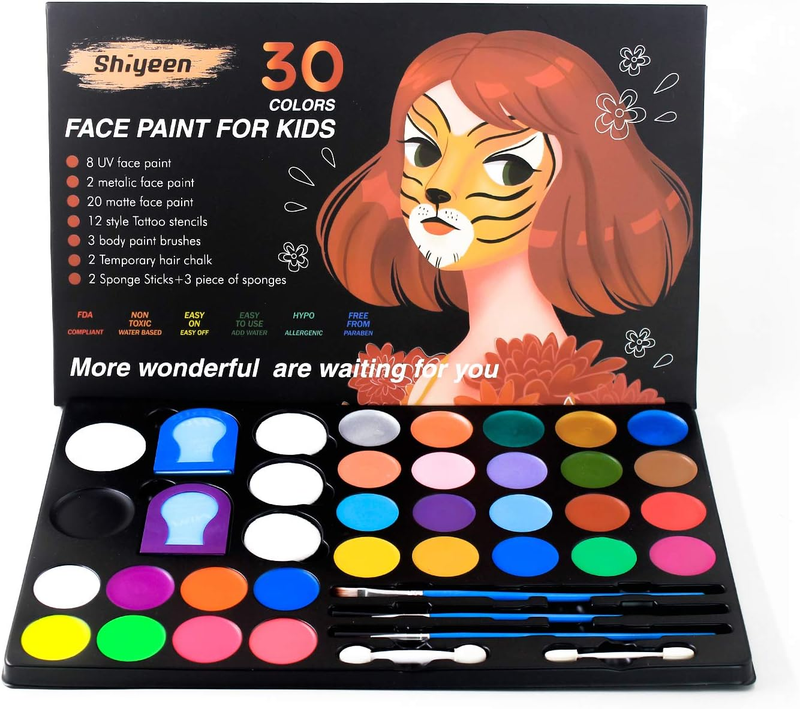 Face Paint Kit for Kids - 30 Large Water Based Paints, 2 Hair Dye Clips, 12 Sten